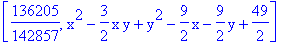 [136205/142857, x^2-3/2*x*y+y^2-9/2*x-9/2*y+49/2]